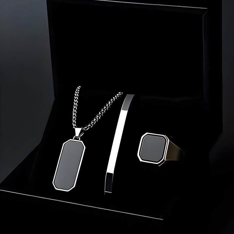 Onyx Black Men’s Luxury Jewelry Set – Necklace, Bracelet & Ring
